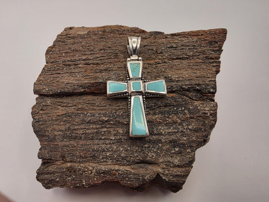 Sterling Silver Turquoise Cross Pendant | 925 Silver | Inlay Beaded Border | 2 Inch | Southwestern Faith Jewelry Pendant