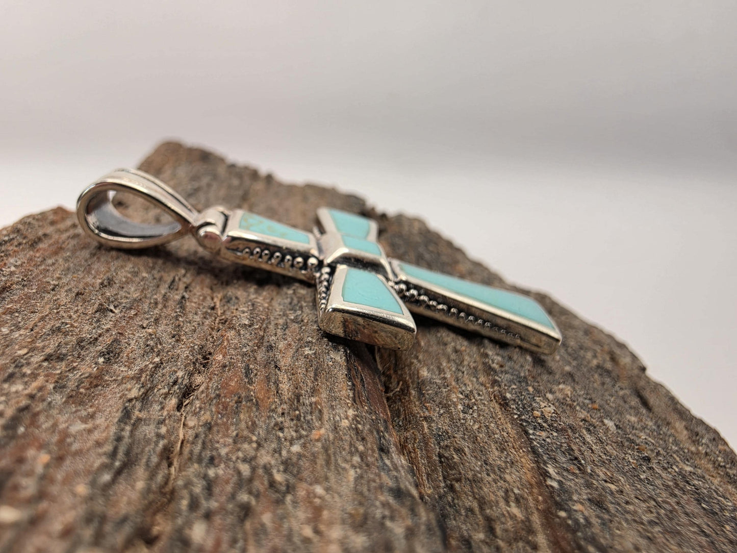 Sterling Silver Turquoise Cross Pendant | 925 Silver | Inlay Beaded Border | 2 Inch | Southwestern Faith Jewelry Pendant