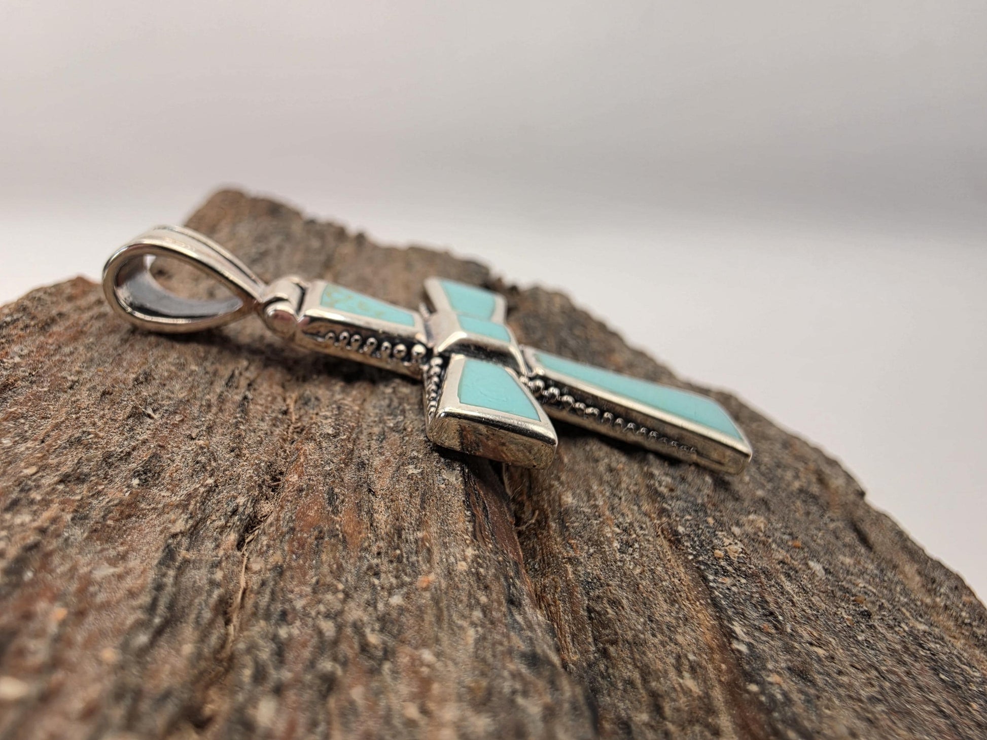 Sterling Silver Turquoise Cross Pendant | 925 Silver | Inlay Beaded Border | 2 Inch | Southwestern Faith Jewelry Pendant