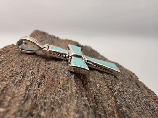 Sterling Silver Turquoise Cross Pendant | 925 Silver | Inlay Beaded Border | 2 Inch | Southwestern Faith Jewelry Pendant