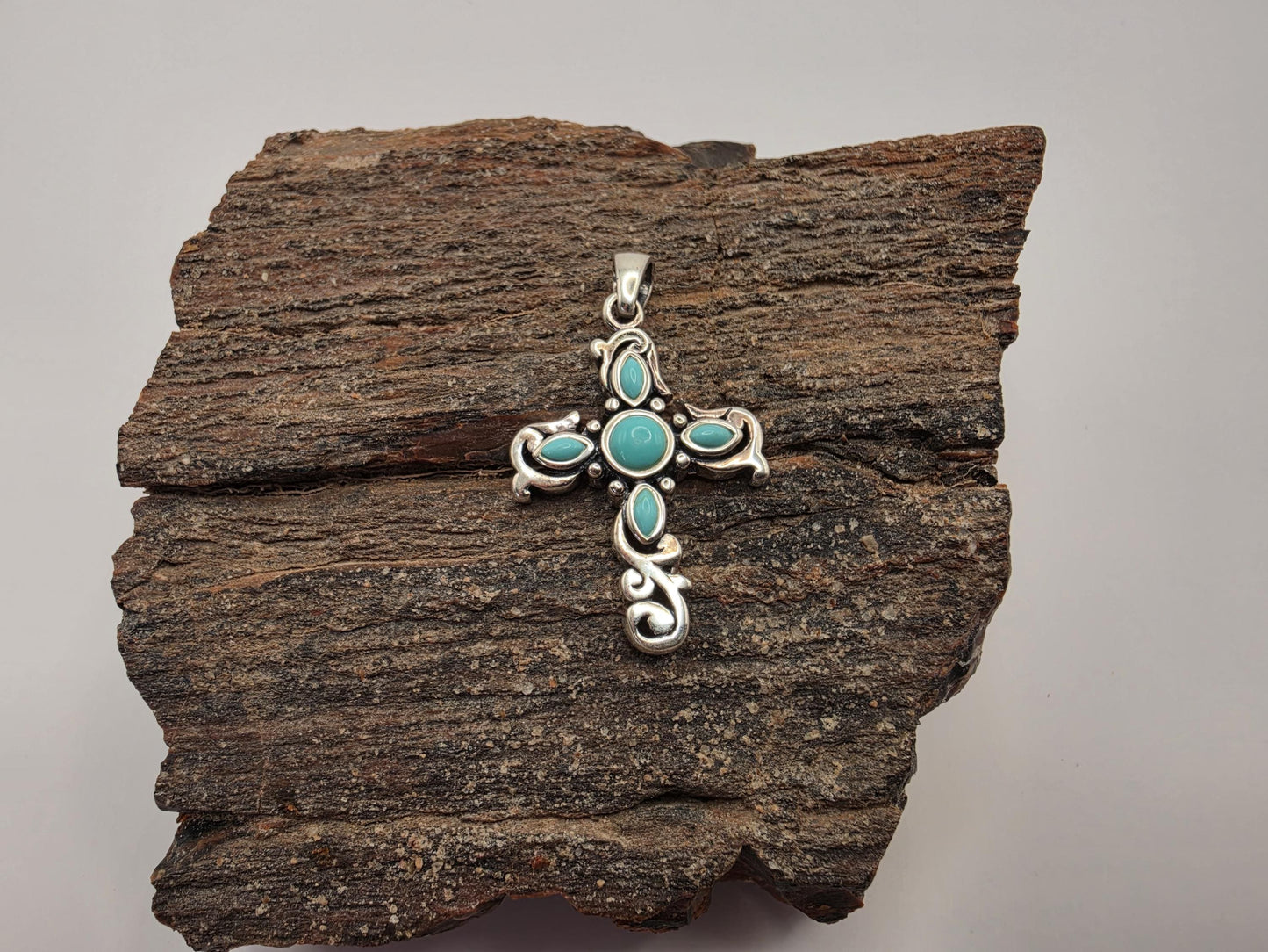 Sterling Silver Turquoise Cross Pendant | 925 Silver | Scroll Filigree Design | 1.25 Inch | Womens Faith Jewelry Pendant