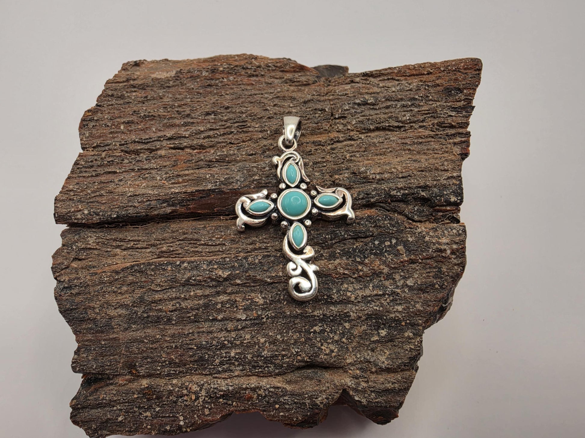 Sterling Silver Turquoise Cross Pendant | 925 Silver | Scroll Filigree Design | 1.25 Inch | Womens Faith Jewelry Pendant