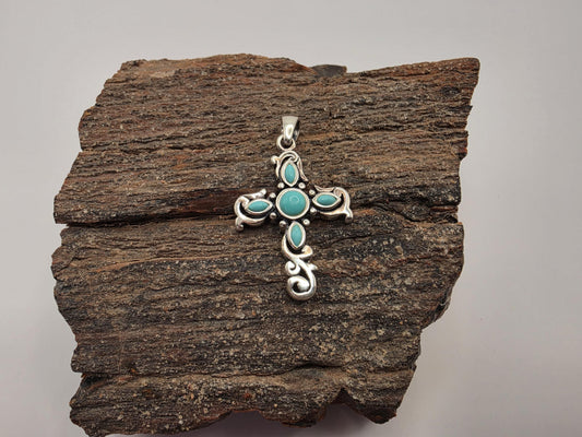 Sterling Silver Turquoise Cross Pendant | 925 Silver | Scroll Filigree Design | 1.25 Inch | Womens Faith Jewelry Pendant