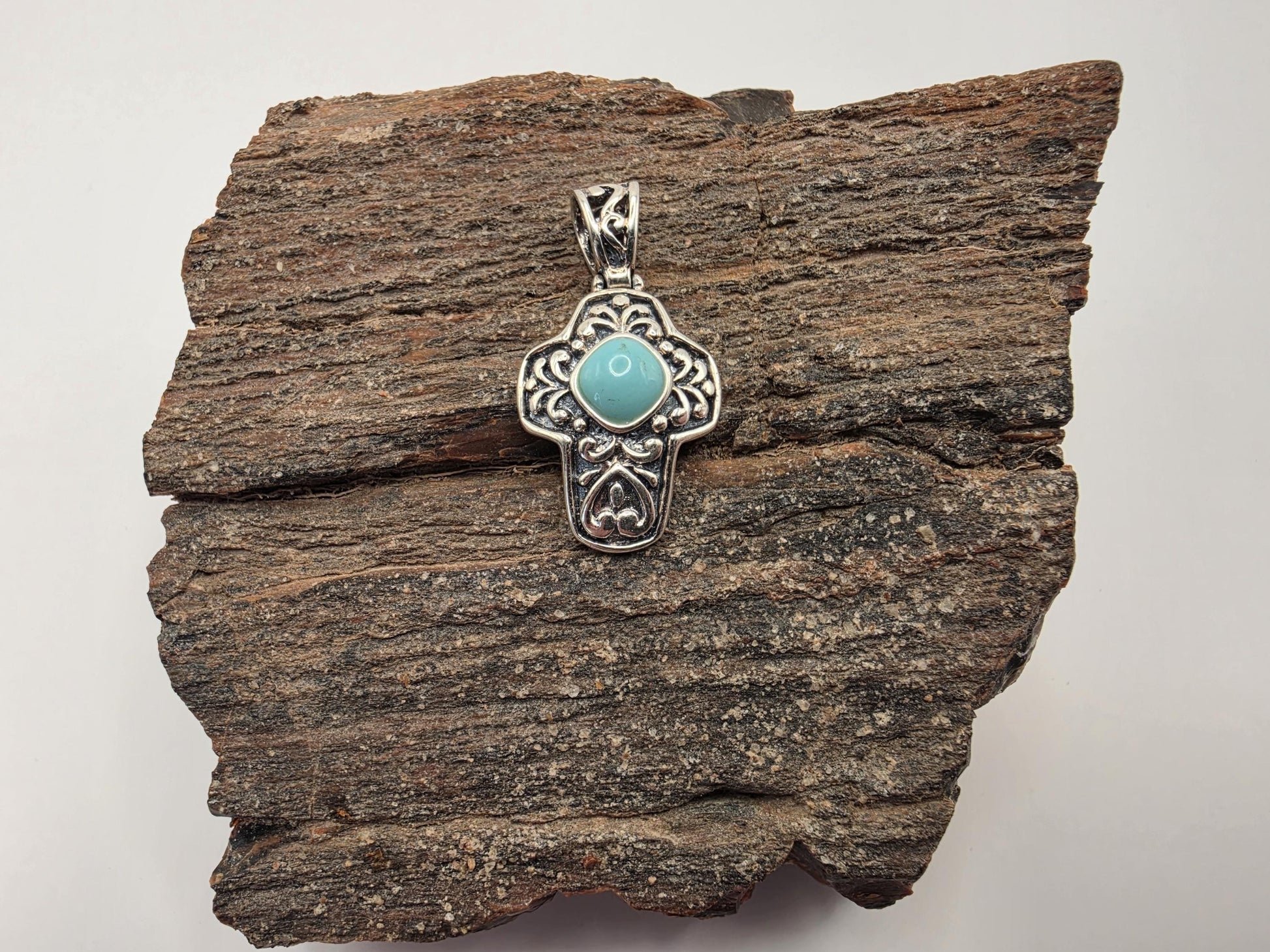 Sterling Silver Turquoise Cross Pendant | 925 Silver | Filigree Scrollwork | 1 Inch | Womens Dainty Faith Jewelry Pendant