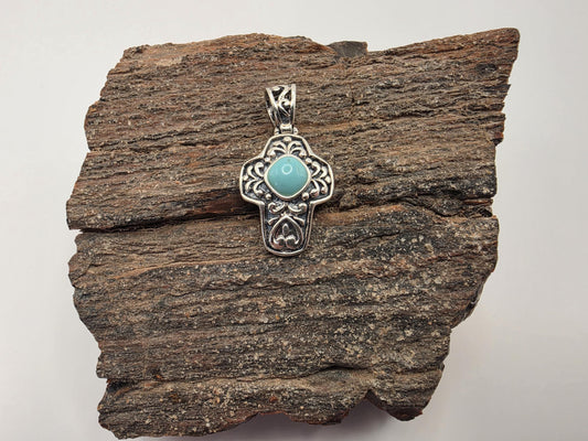 Sterling Silver Turquoise Cross Pendant | 925 Silver | Filigree Scrollwork | 1 Inch | Womens Dainty Faith Jewelry Pendant