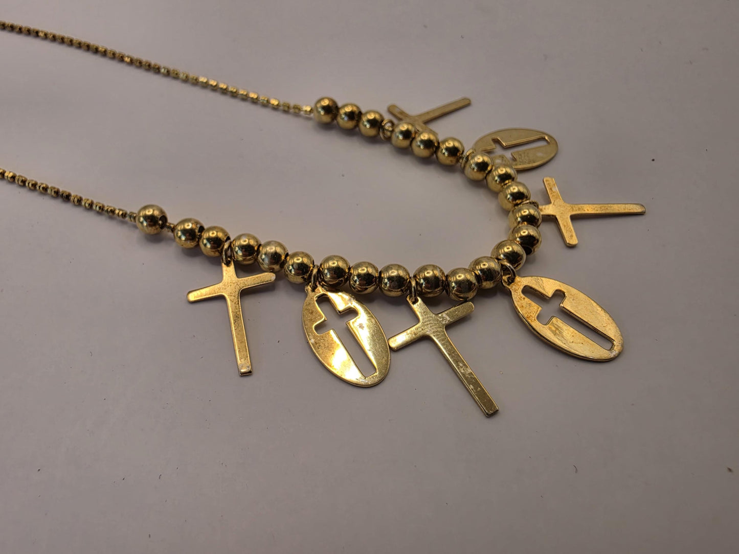 Gold Plated Cross Charm Necklace | 925 Silver | Beaded Station | 18 Inch | Multi Cross Charms | Womens Faith Jewelry