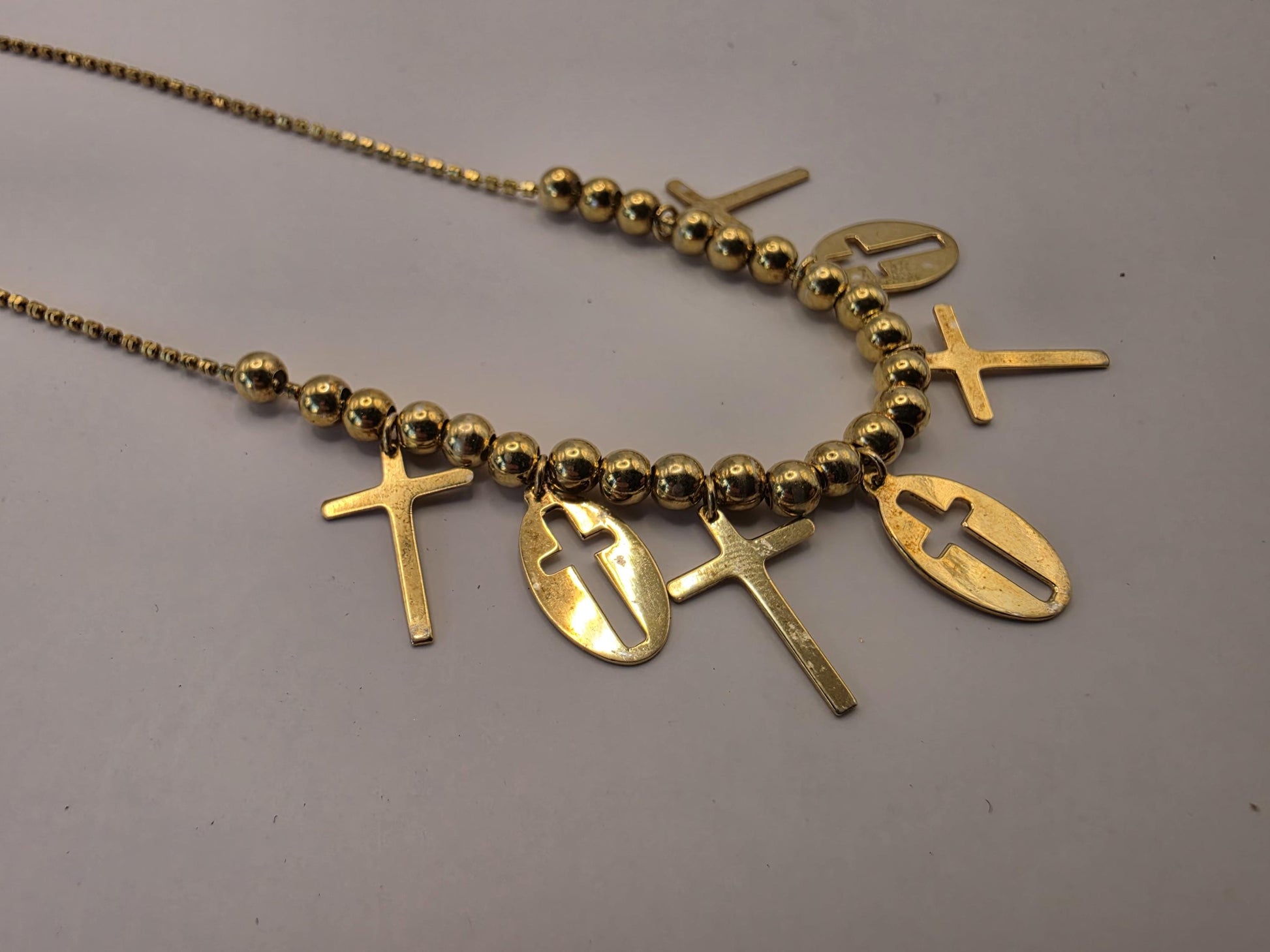 Gold Plated Cross Charm Necklace | 925 Silver | Beaded Station | 18 Inch | Multi Cross Charms | Womens Faith Jewelry