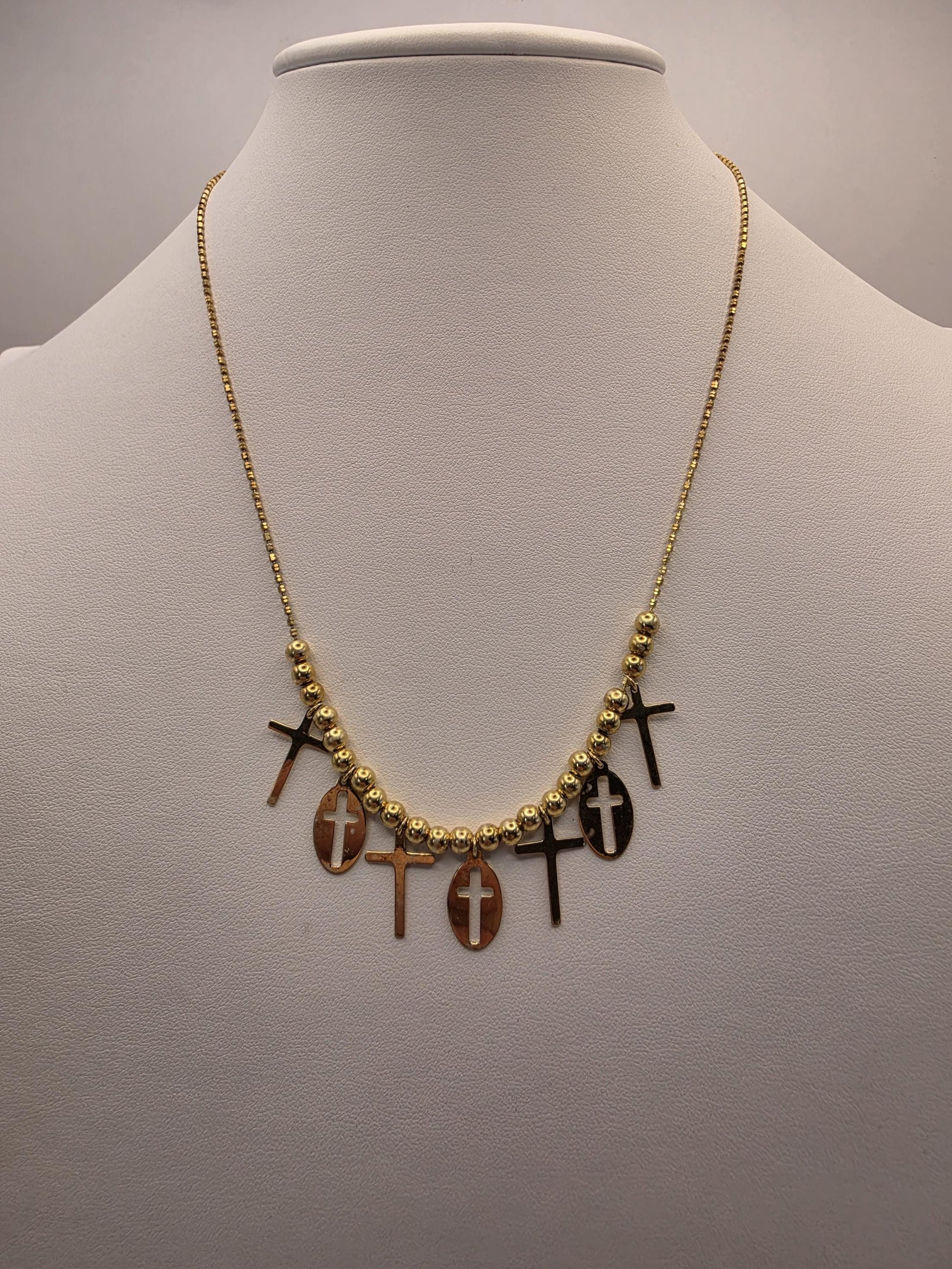 Gold Plated Cross Charm Necklace | 925 Silver | Beaded Station | 18 Inch | Multi Cross Charms | Womens Faith Jewelry