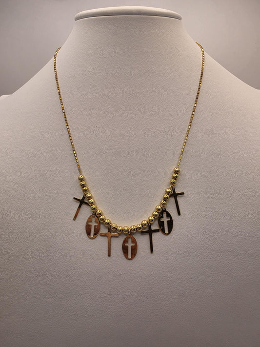 Gold Plated Cross Charm Necklace | 925 Silver | Beaded Station | 18 Inch | Multi Cross Charms | Womens Faith Jewelry