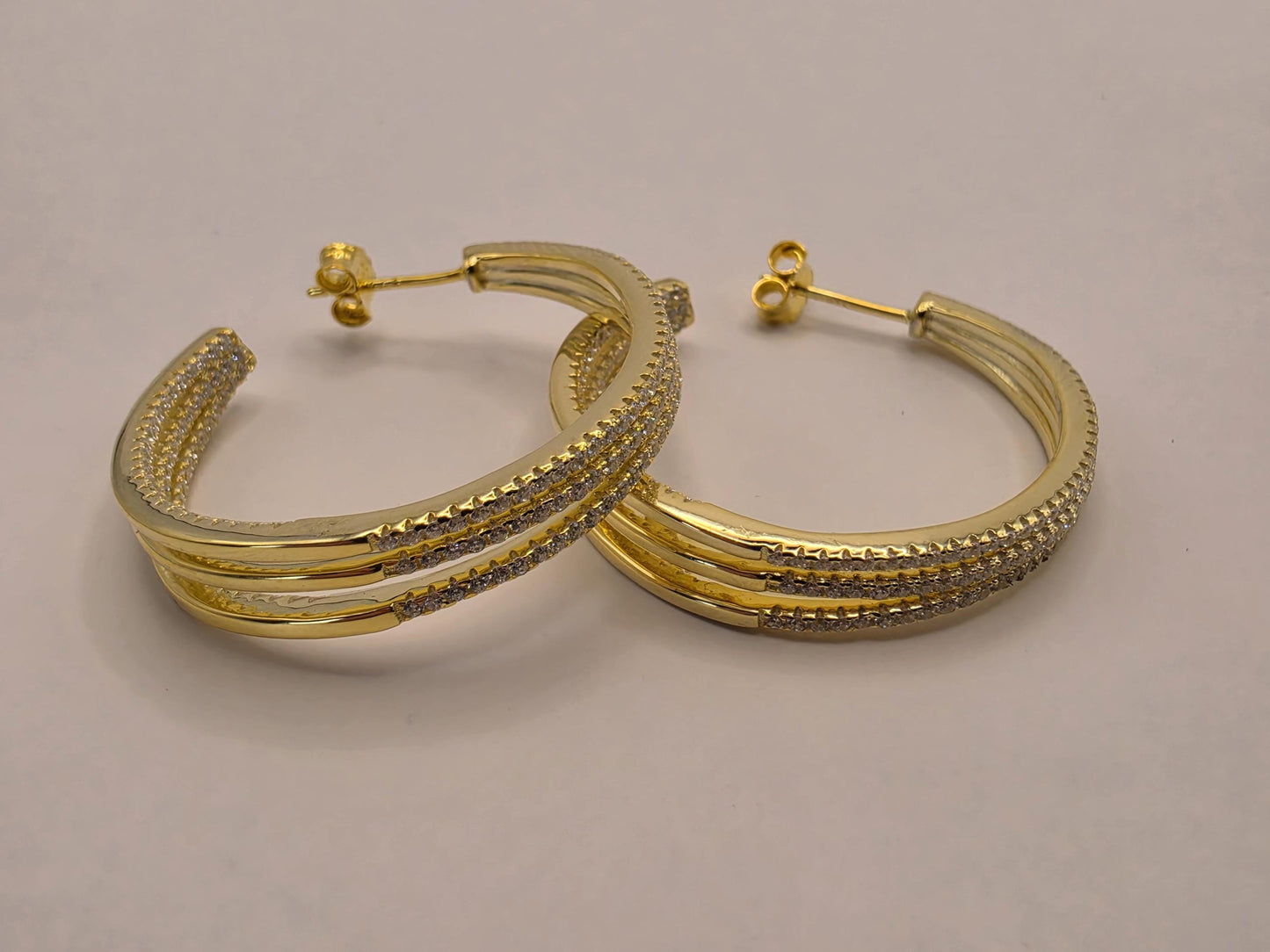 Gold Plated Hoop Earrings | 925 Silver | 1.275 Inch | Multi Row CZ Trim | Womens Sparkle Statement Gold Hoops