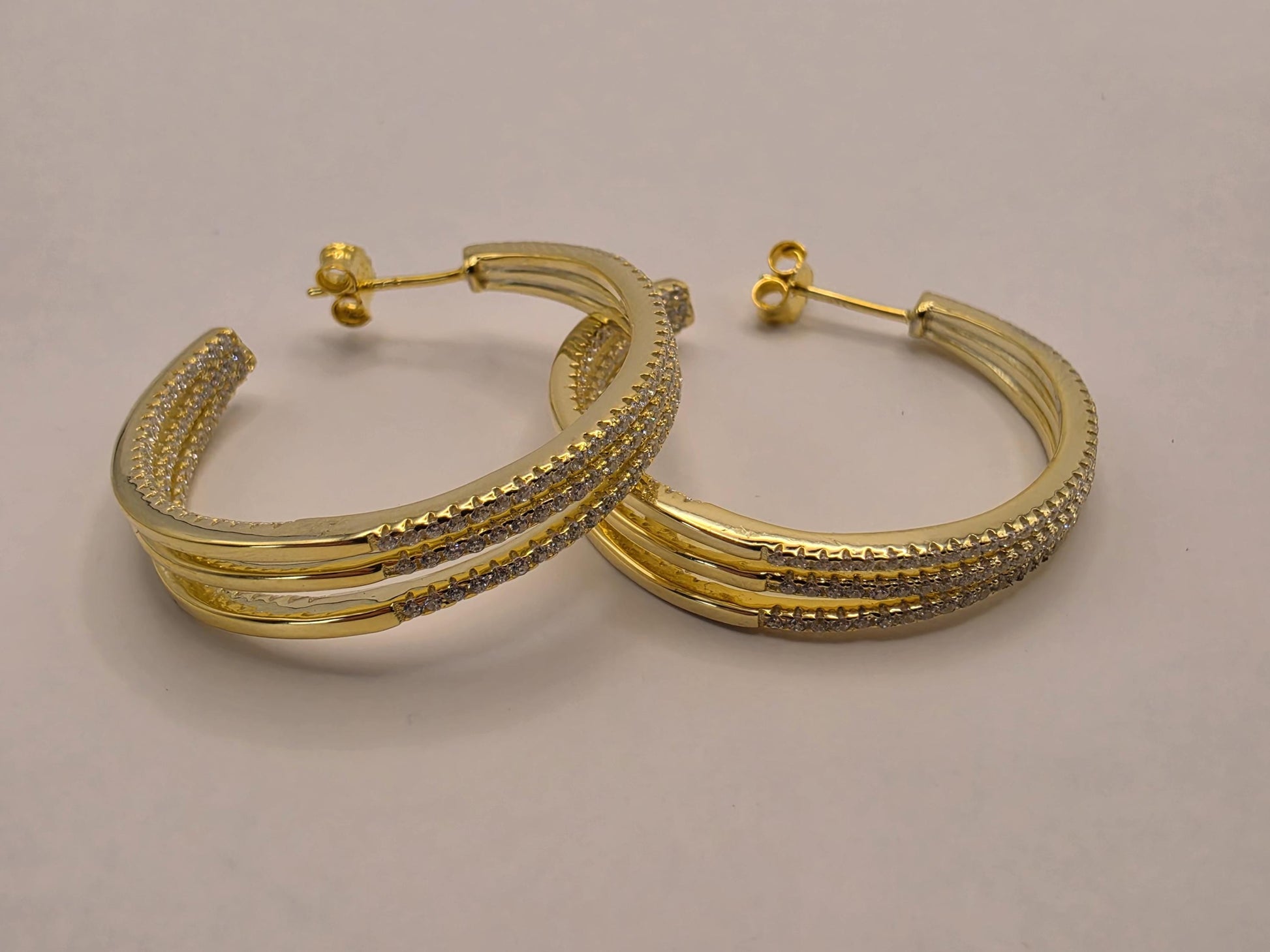 Gold Plated Hoop Earrings | 925 Silver | 1.275 Inch | Multi Row CZ Trim | Womens Sparkle Statement Gold Hoops