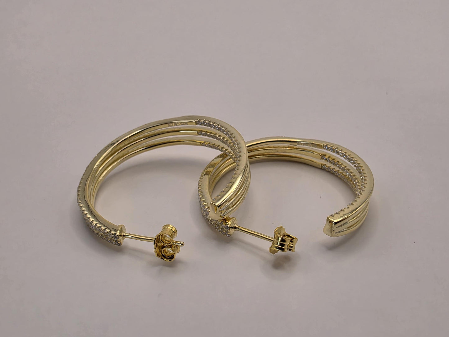 Gold Plated Hoop Earrings | 925 Silver | 1.275 Inch | Multi Row CZ Trim | Womens Sparkle Statement Gold Hoops