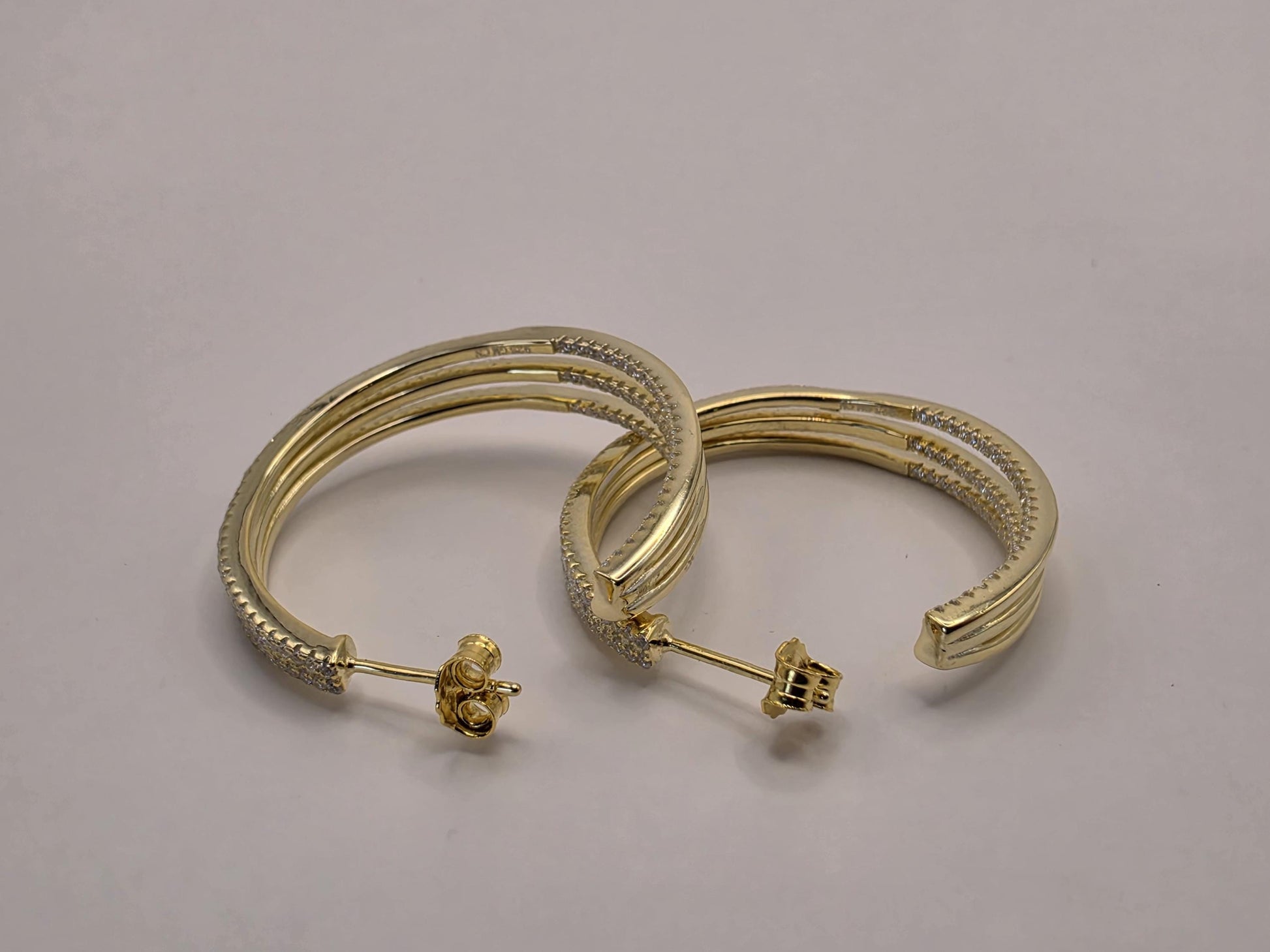 Gold Plated Hoop Earrings | 925 Silver | 1.275 Inch | Multi Row CZ Trim | Womens Sparkle Statement Gold Hoops