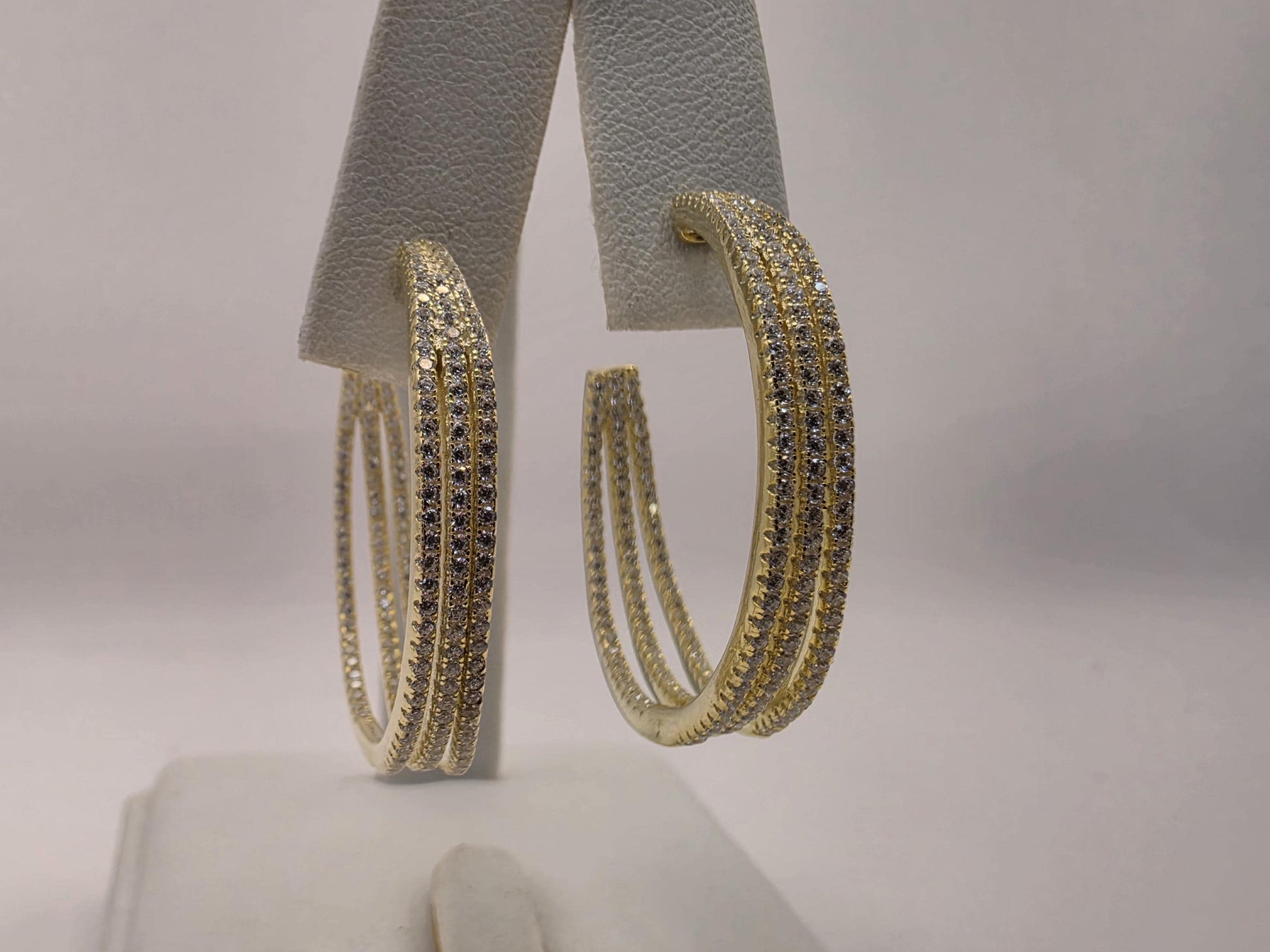 Gold Plated Hoop Earrings | 925 Silver | 1.275 Inch | Multi Row CZ Trim | Womens Sparkle Statement Gold Hoops
