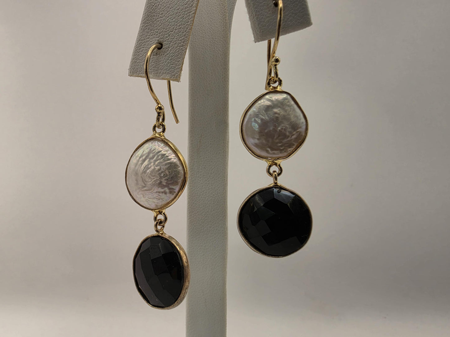 Gold Plated Pearl Onyx Drop Earrings | 925 Silver | Freshwater Pearl & Black Onyx | Womens Dangle Drop Earrings Gift