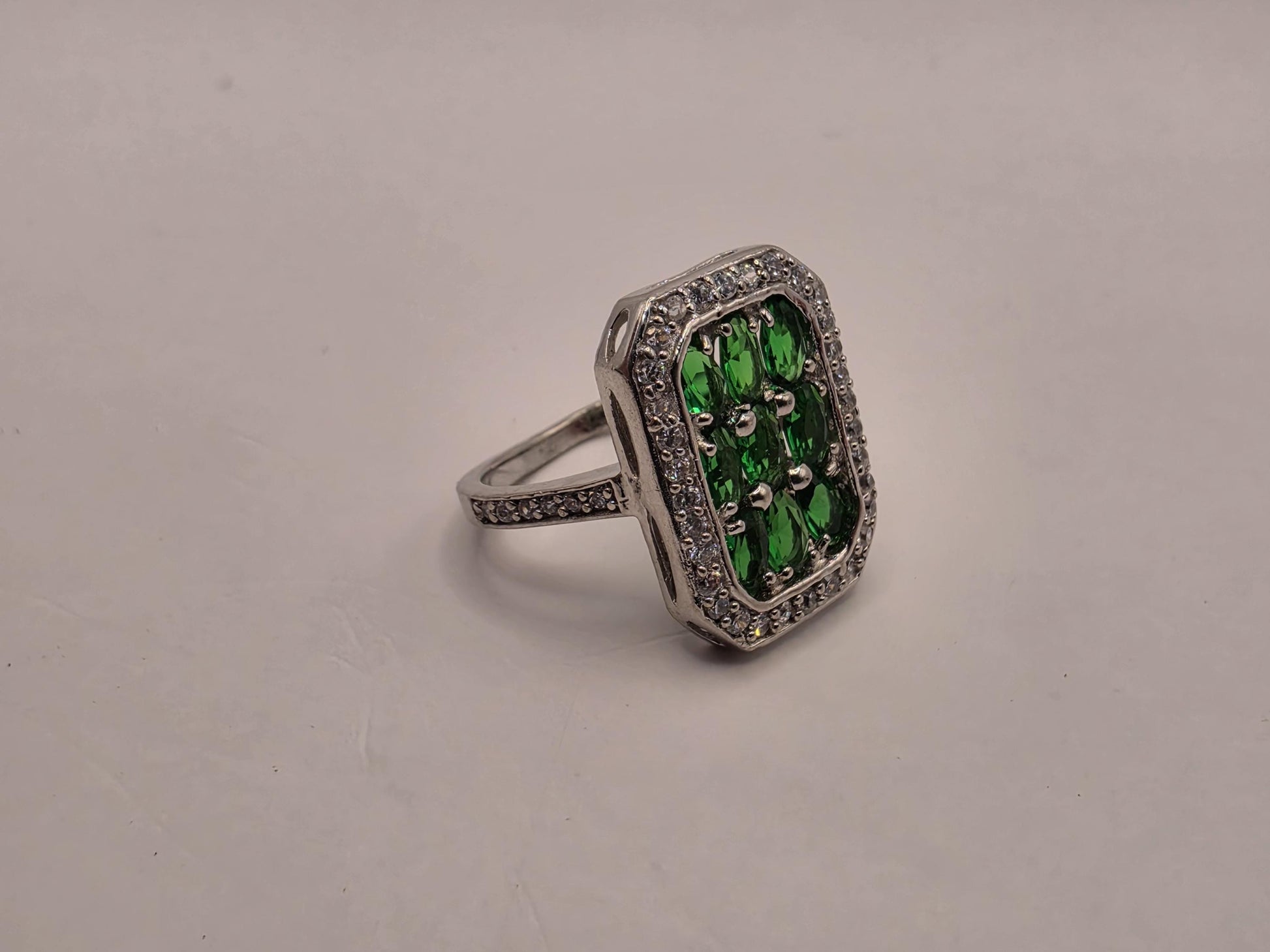 Sterling Silver Green CZ Ring | 925 Silver | Halo Cluster | Size 6.5 | Emerald Green Stones | Womens Statement Ring