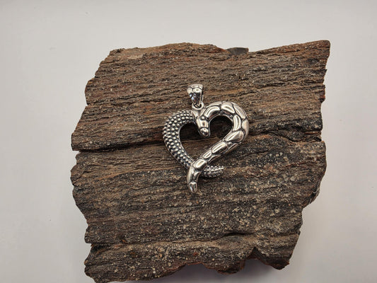 Sterling Silver Snake Heart Pendant | 925 Silver | Oxidized Serpent | 1 Inch | Mens Womens Edgy Heart Jewelry Pendant