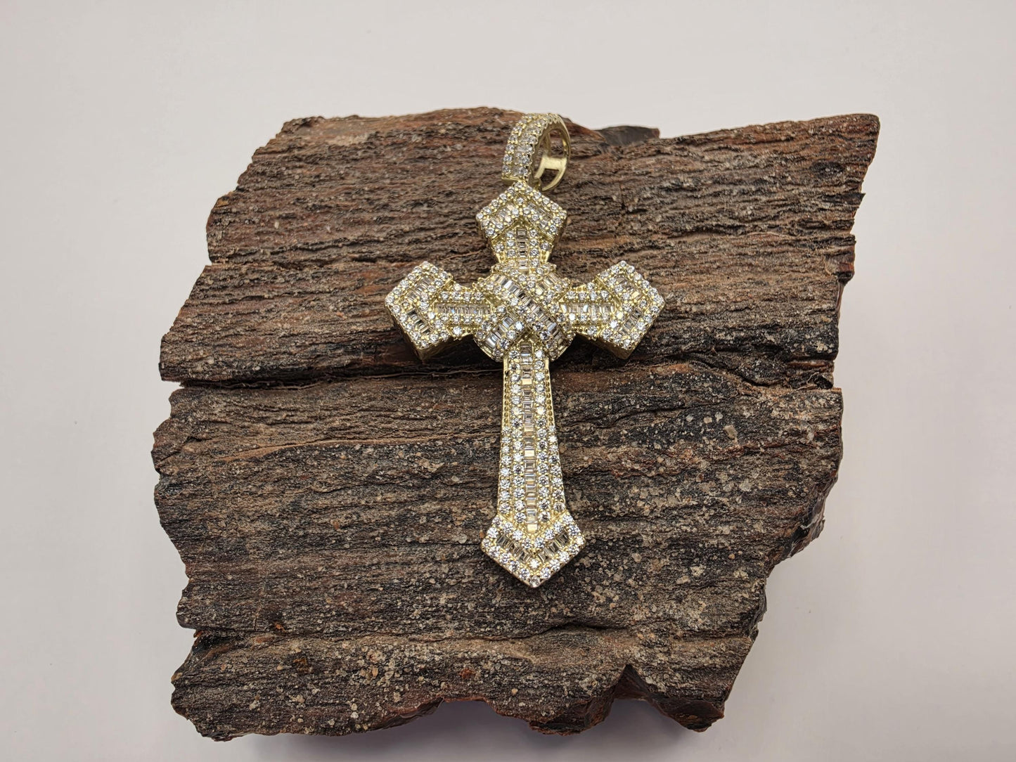 Gold Plated CZ Cross Pendant | 925 Silver | Iced Baguette & Round CZ | 2 Inch | Mens Womens Hip Hop Cross Pendant