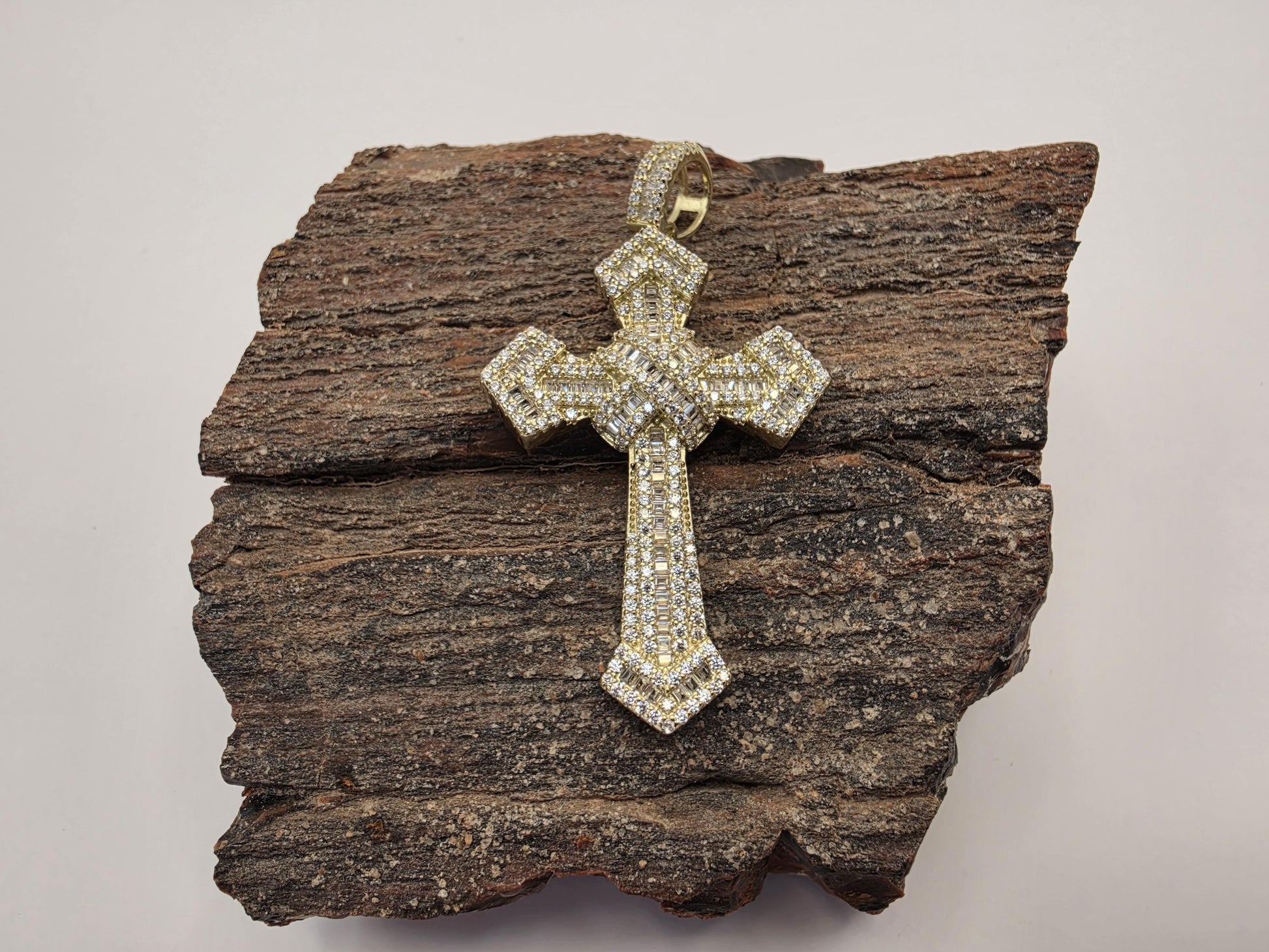 Gold Plated CZ Cross Pendant | 925 Silver | Iced Baguette & Round CZ | 2 Inch | Mens Womens Hip Hop Cross Pendant