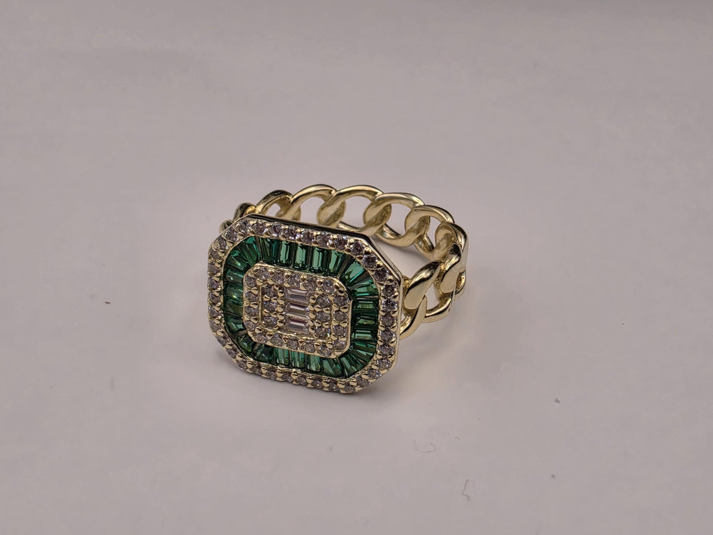 Gold Plated Emerald Green CZ Statement Ring Baguette Halo Cuban Curb Chain Band Size 5 Cocktail Ring Green White Stone Jewelry Gift for Her