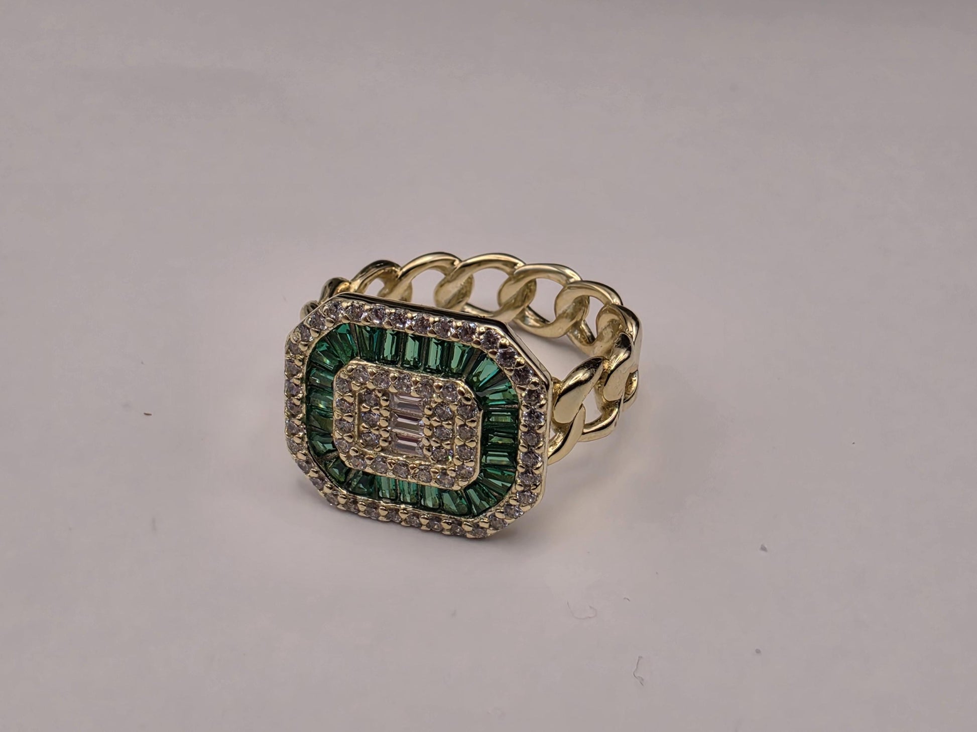 Gold Plated Emerald Green CZ Statement Ring Baguette Halo Cuban Curb Chain Band Size 5 Cocktail Ring Green White Stone Jewelry Gift for Her