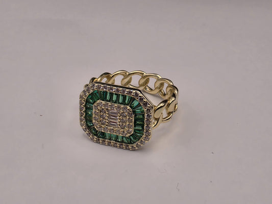 Gold Plated Emerald Green CZ Statement Ring Baguette Halo Cuban Curb Chain Band Size 5 Cocktail Ring Green White Stone Jewelry Gift for Her