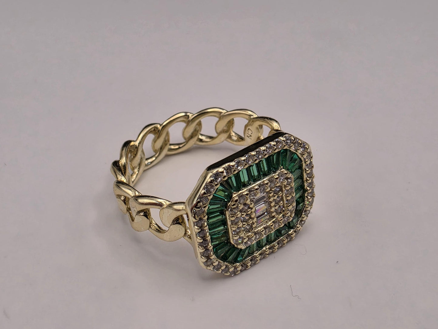 Gold Plated Emerald Green CZ Statement Ring Baguette Halo Cuban Curb Chain Band Size 5 Cocktail Ring Green White Stone Jewelry Gift for Her