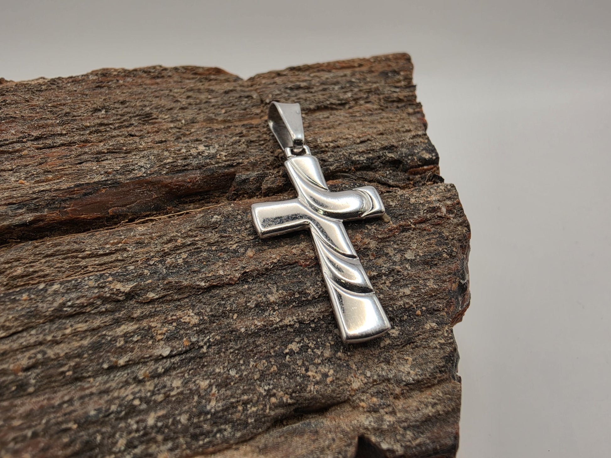Sterling Silver Cross Pendant with Draped Wave Design 925 Polished Modern Christian Necklace Religious Faith Charm Jewelry