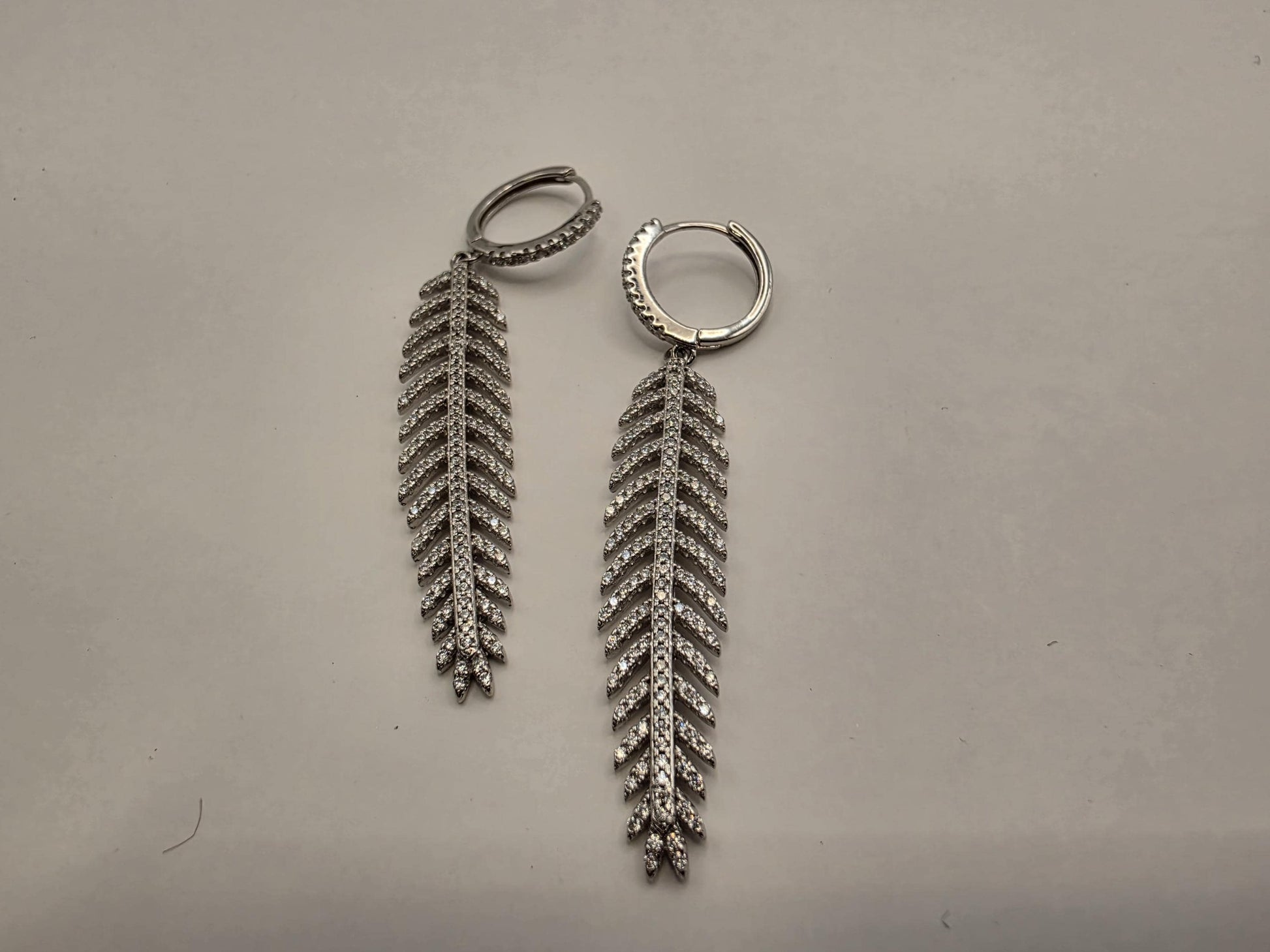 Sterling Silver CZ Feather Drop Huggie Hoop Earrings 925 Pave Leaf Dangle Statement Bohemian Jewelry Gift for Her