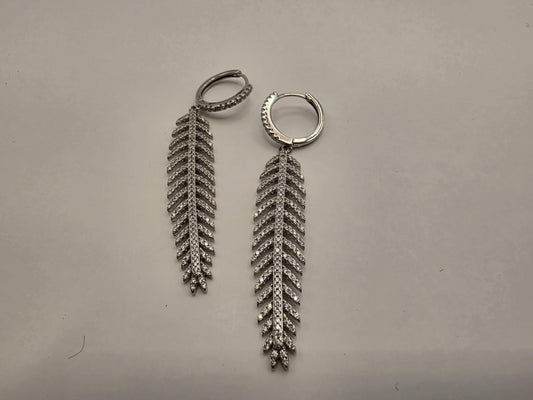 Sterling Silver CZ Feather Drop Huggie Hoop Earrings 925 Pave Leaf Dangle Statement Bohemian Jewelry Gift for Her