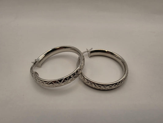 Sterling Silver Diamond Cut Faceted Hoop Earrings 1" 925 Sparkly Textured Everyday Classic Jewelry Gift for Her Womens
