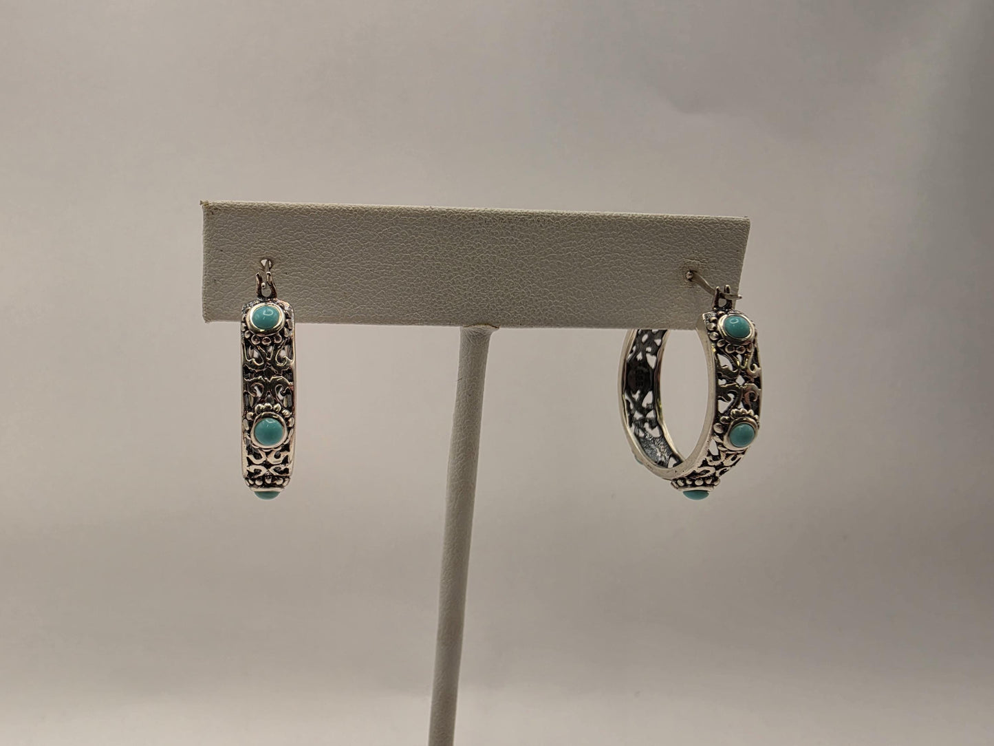 Sterling Silver Filigree Turquoise Hoop Earrings 1" 925 Bohemian Southwest Boho Statement Stone Jewelry Gift for Her