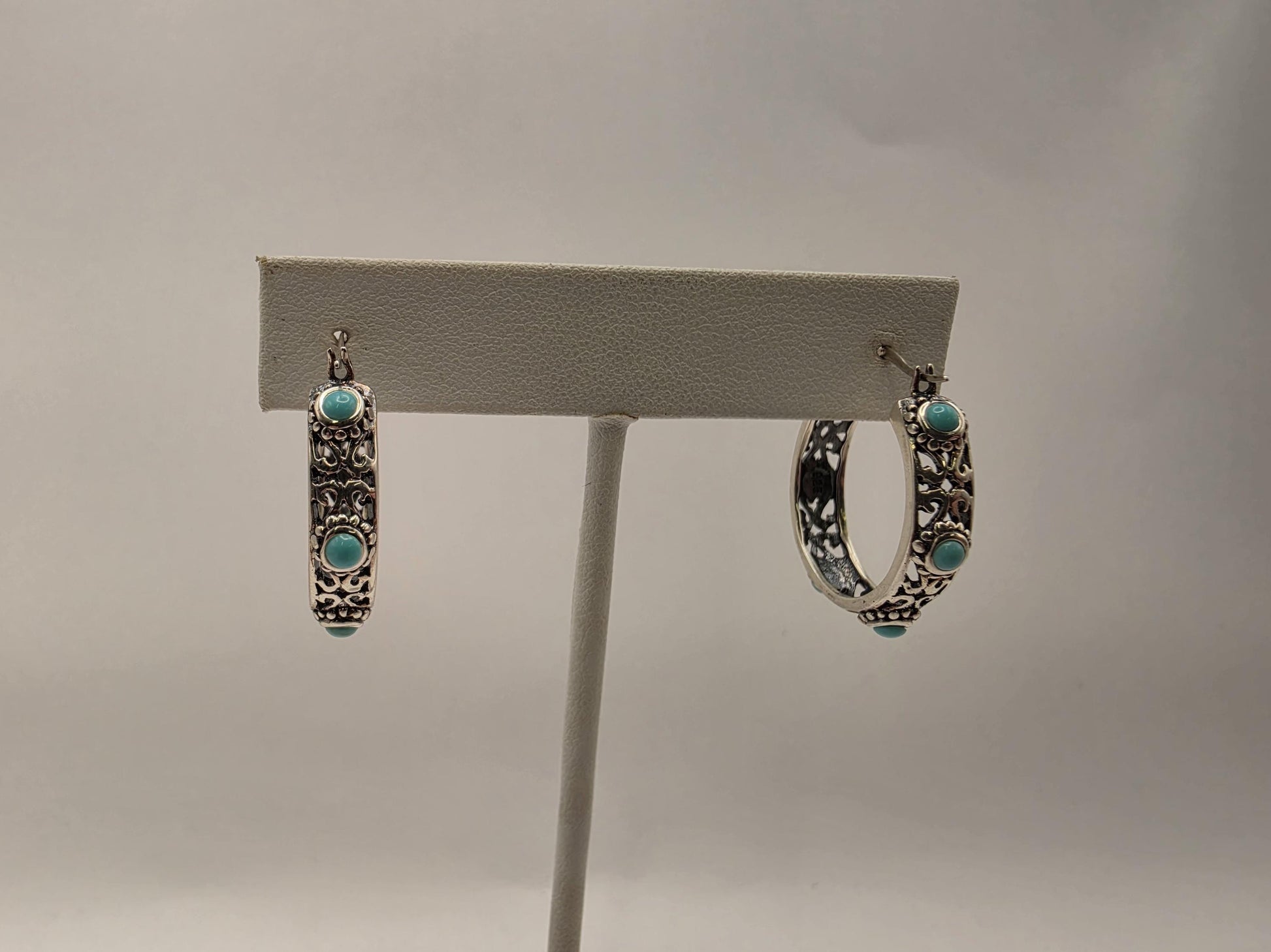 Sterling Silver Filigree Turquoise Hoop Earrings 1" 925 Bohemian Southwest Boho Statement Stone Jewelry Gift for Her
