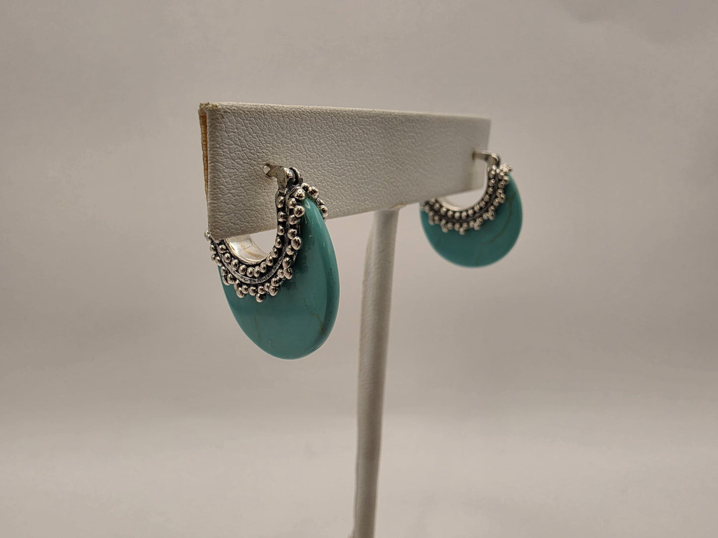 Sterling Silver Turquoise Crescent Hoop Earrings 925 Bohemian Statement Stone Disc Beaded Boho Jewelry Gift for Her