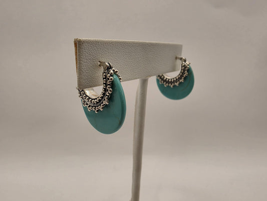 Sterling Silver Turquoise Crescent Hoop Earrings 925 Bohemian Statement Stone Disc Beaded Boho Jewelry Gift for Her