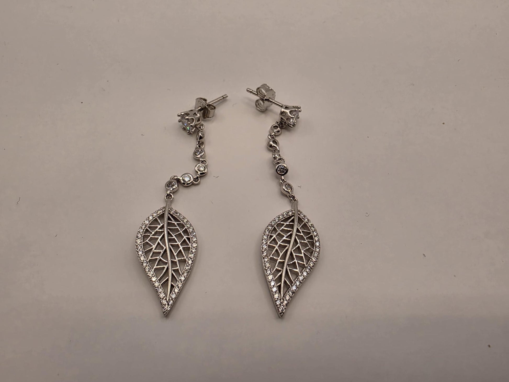 Sterling Silver CZ Leaf Filigree Drop Earrings 925 Pave Nature Botanical Dangle Elegant Jewelry Gift for Her Womens