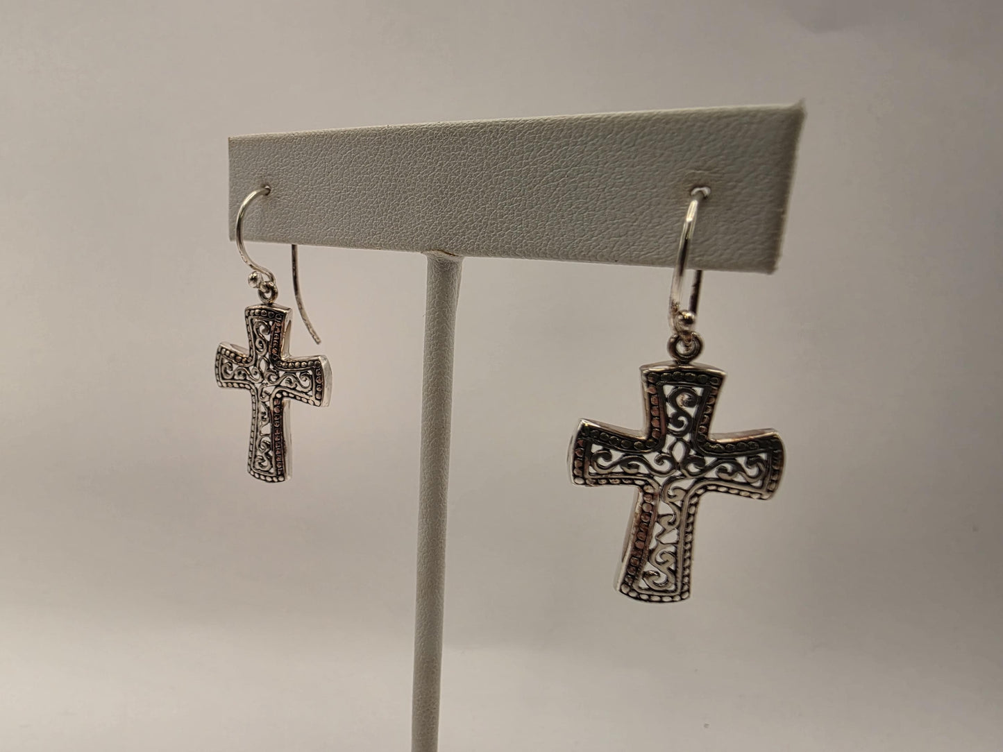Sterling Silver Bali Filigree Cross Dangle Earrings 925 Christian Religious Faith Scrollwork Jewelry Gift for Her