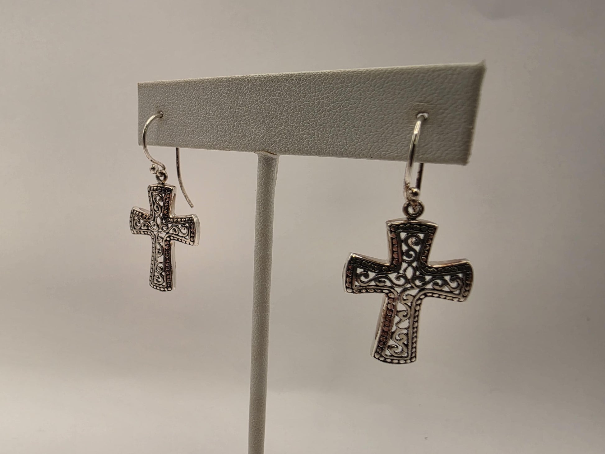 Sterling Silver Bali Filigree Cross Dangle Earrings 925 Christian Religious Faith Scrollwork Jewelry Gift for Her