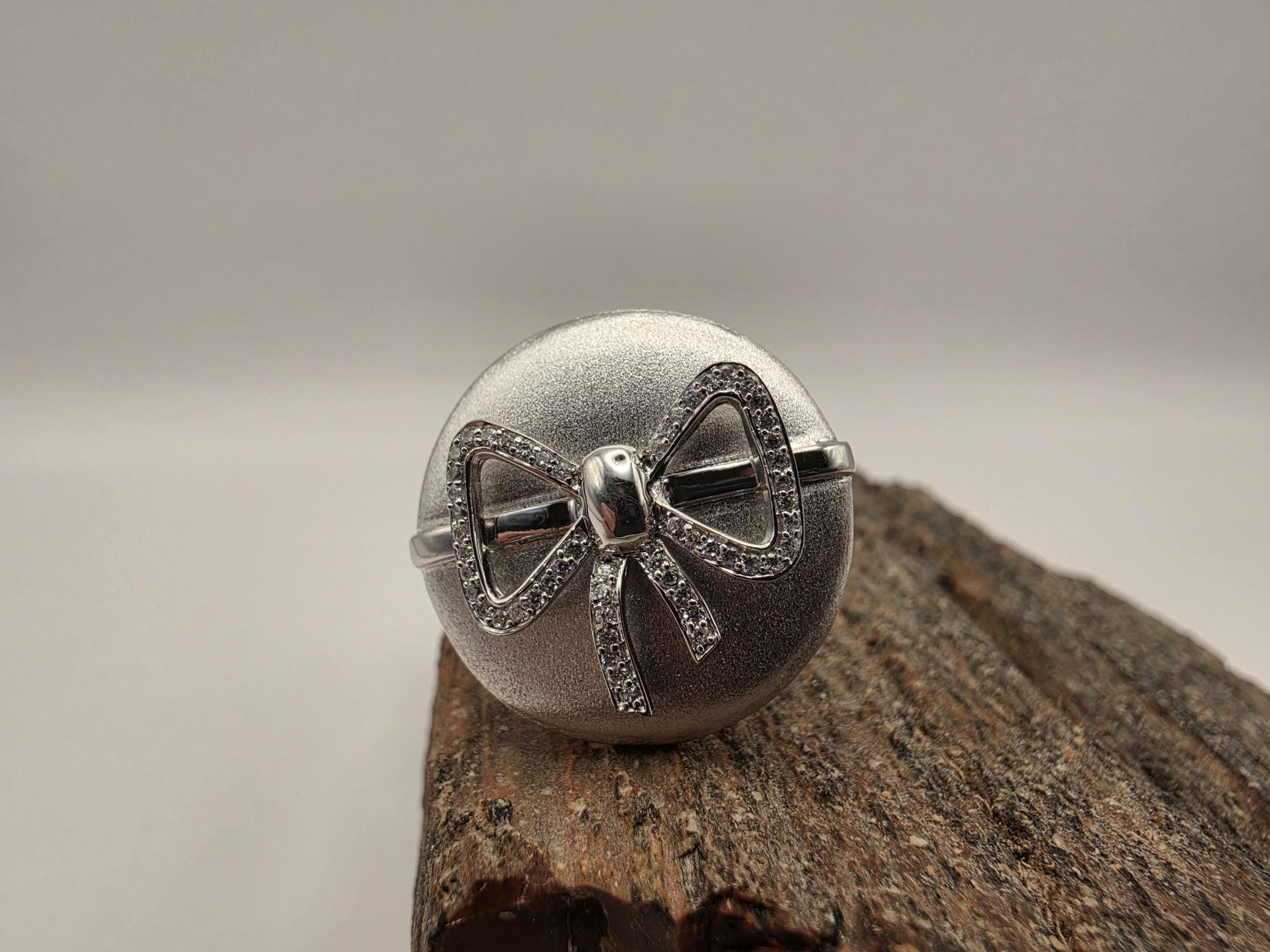 Sterling Silver Matte Dome Ring Pave CZ Bow | 925 Silver | Size 7 | Statement Cocktail Ring