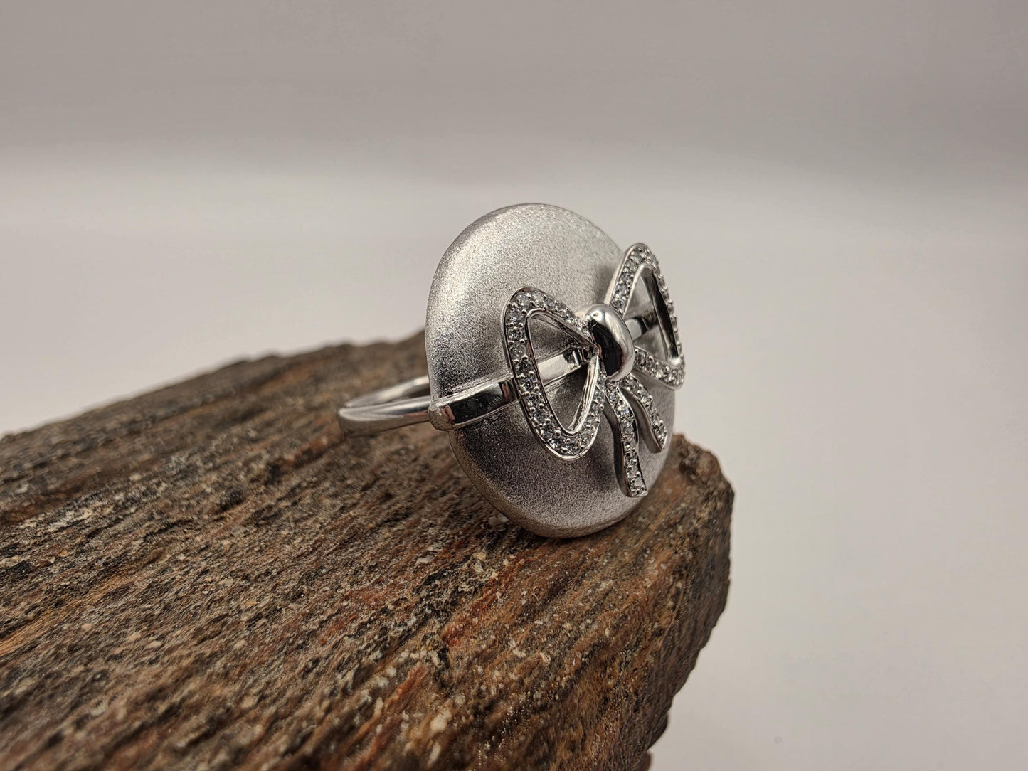 Sterling Silver Matte Dome Ring Pave CZ Bow | 925 Silver | Size 7 | Statement Cocktail Ring