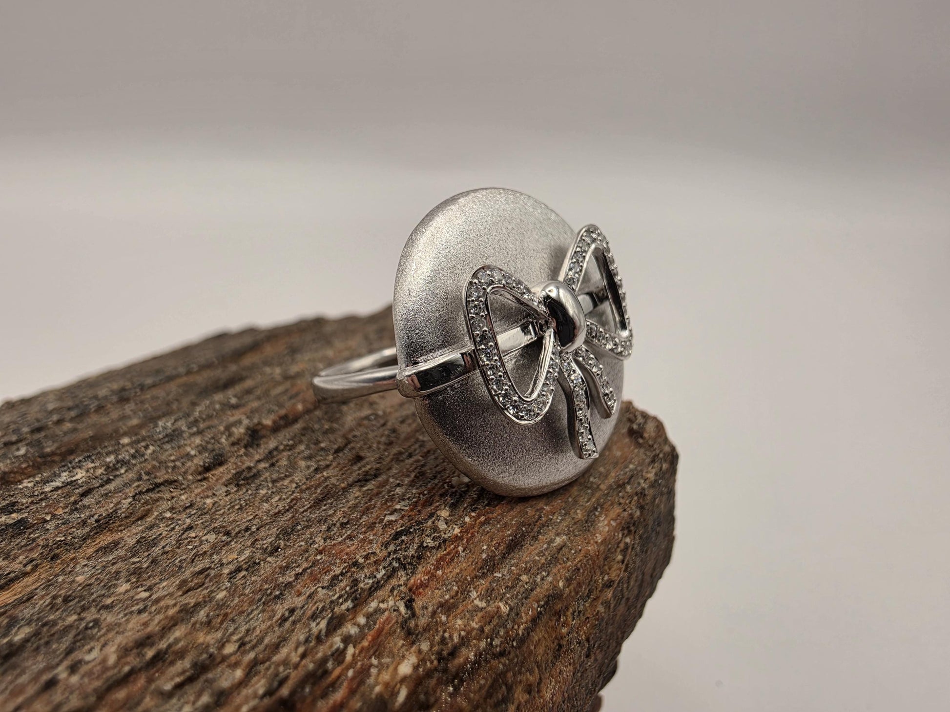Sterling Silver Matte Dome Ring Pave CZ Bow | 925 Silver | Size 7 | Statement Cocktail Ring
