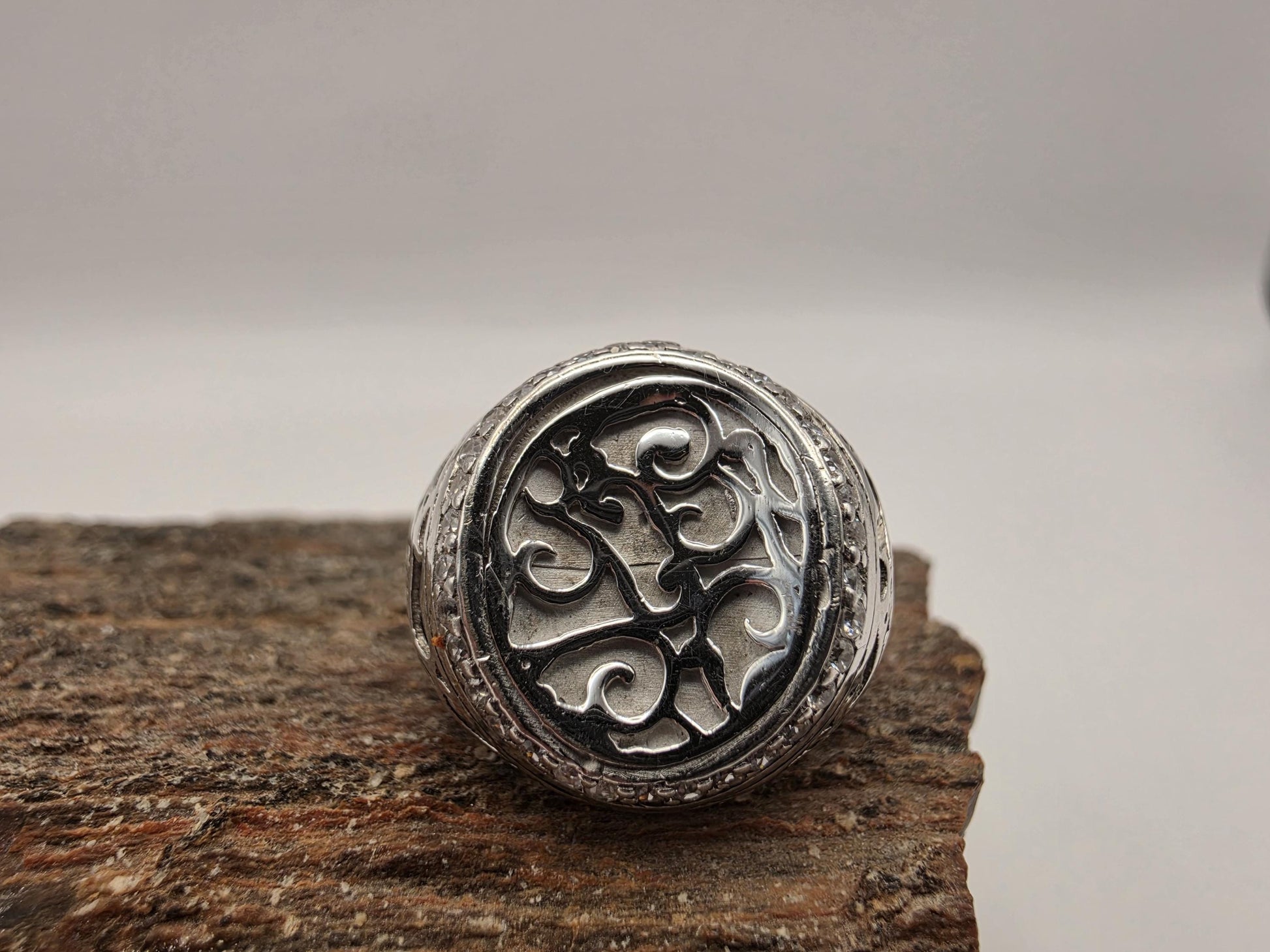 Sterling Silver Oxidized Scrollwork Signet Ring Pave CZ | 925 Silver | Size 8 | Mens Womens
