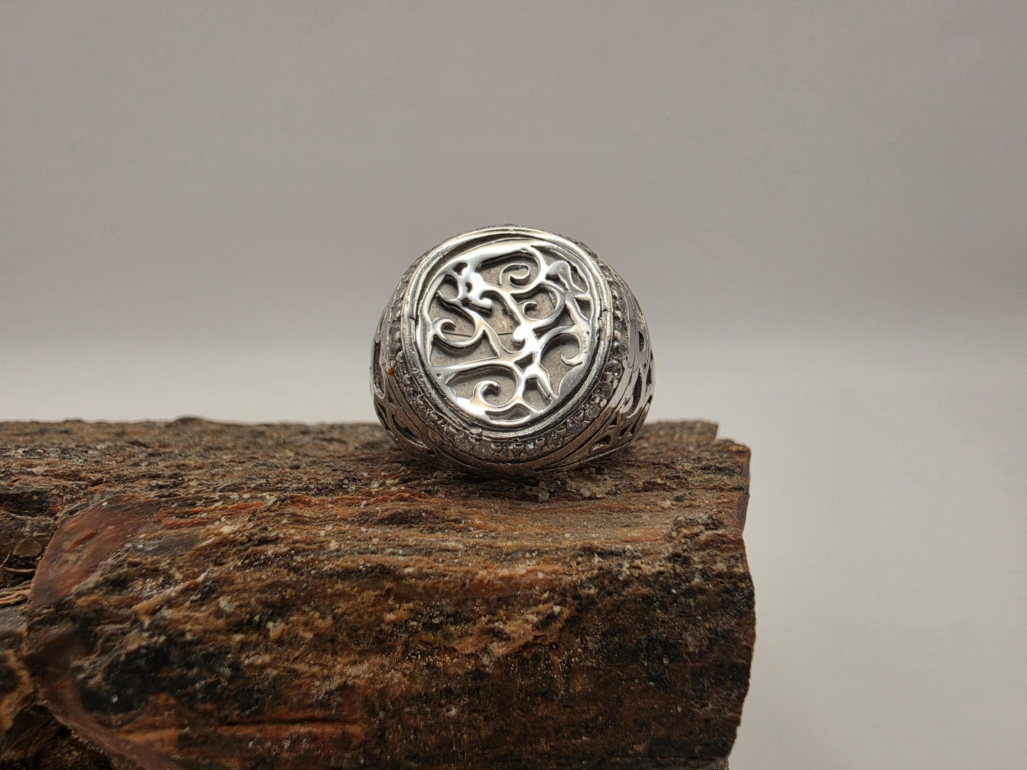 Sterling Silver Oxidized Scrollwork Signet Ring Pave CZ | 925 Silver | Size 8 | Mens Womens