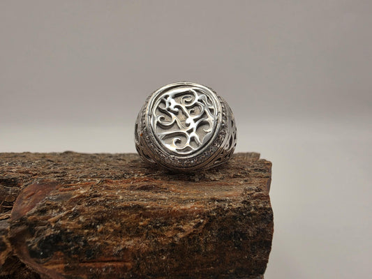 Sterling Silver Oxidized Scrollwork Signet Ring Pave CZ | 925 Silver | Size 8 | Mens Womens