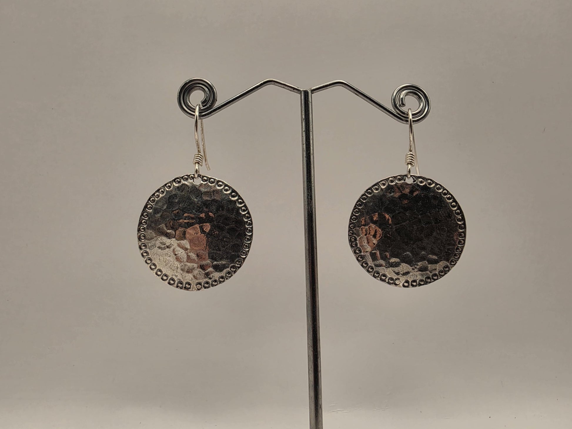 Sterling Silver Hammered Disc Drop Earrings | 925 Silver | 28mm | Boho Bead Edge Drops