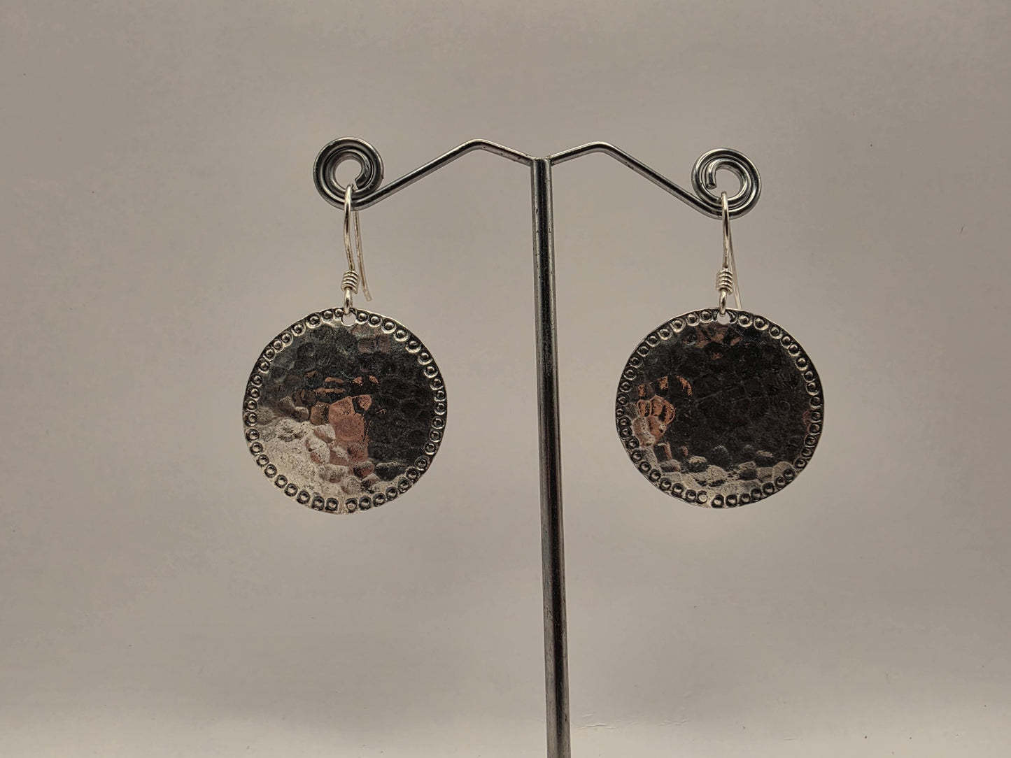Sterling Silver Hammered Disc Drop Earrings | 925 Silver | 28mm | Boho Bead Edge Drops