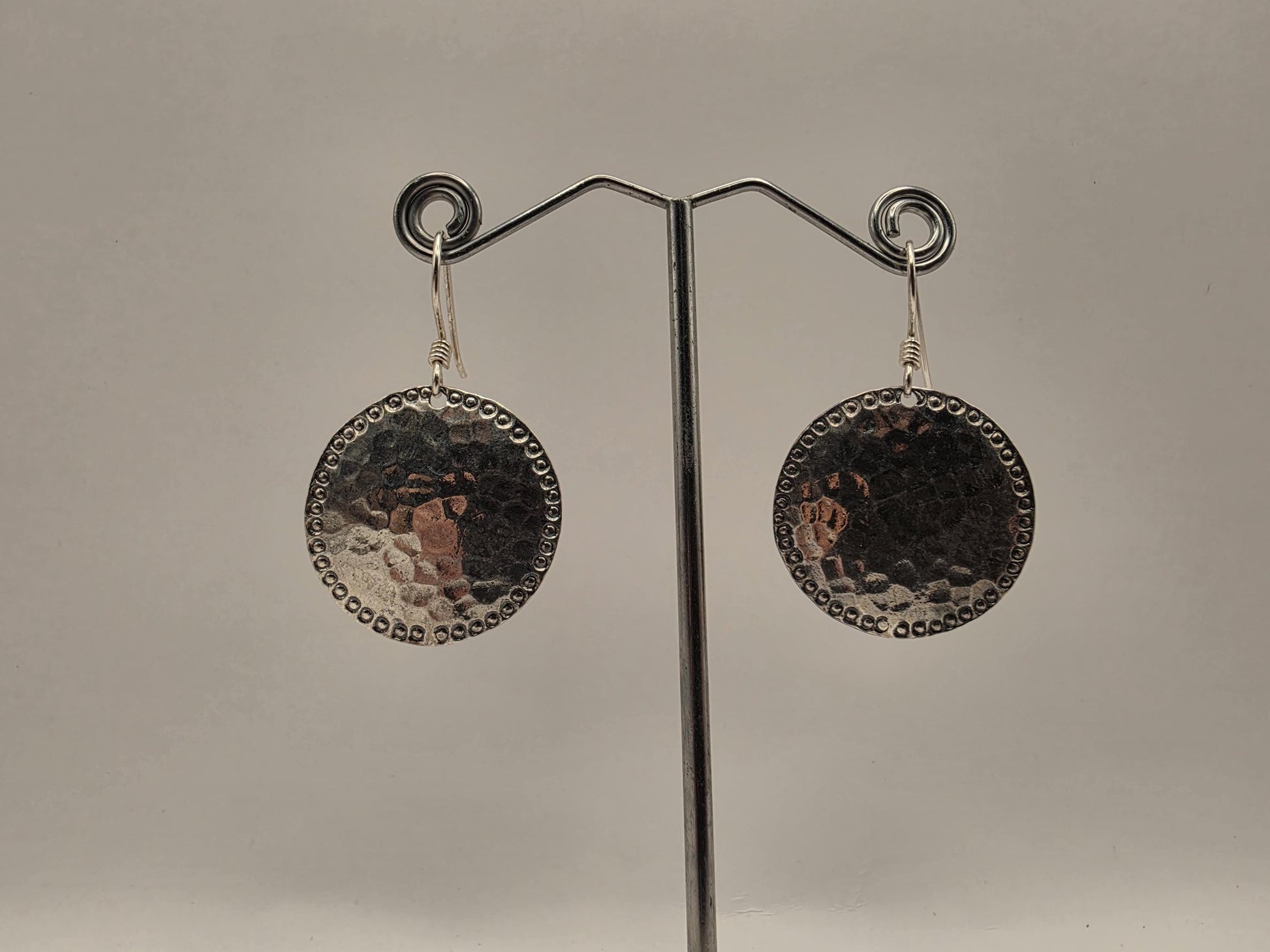 Sterling Silver Hammered Disc Drop Earrings | 925 Silver | 28mm | Boho Bead Edge Drops