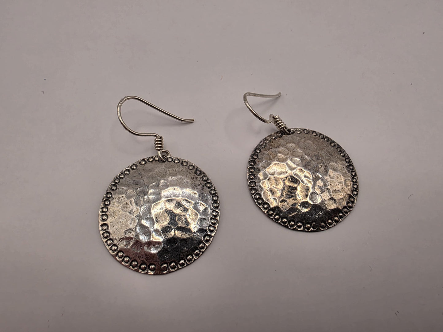 Sterling Silver Hammered Disc Drop Earrings | 925 Silver | 28mm | Boho Bead Edge Drops