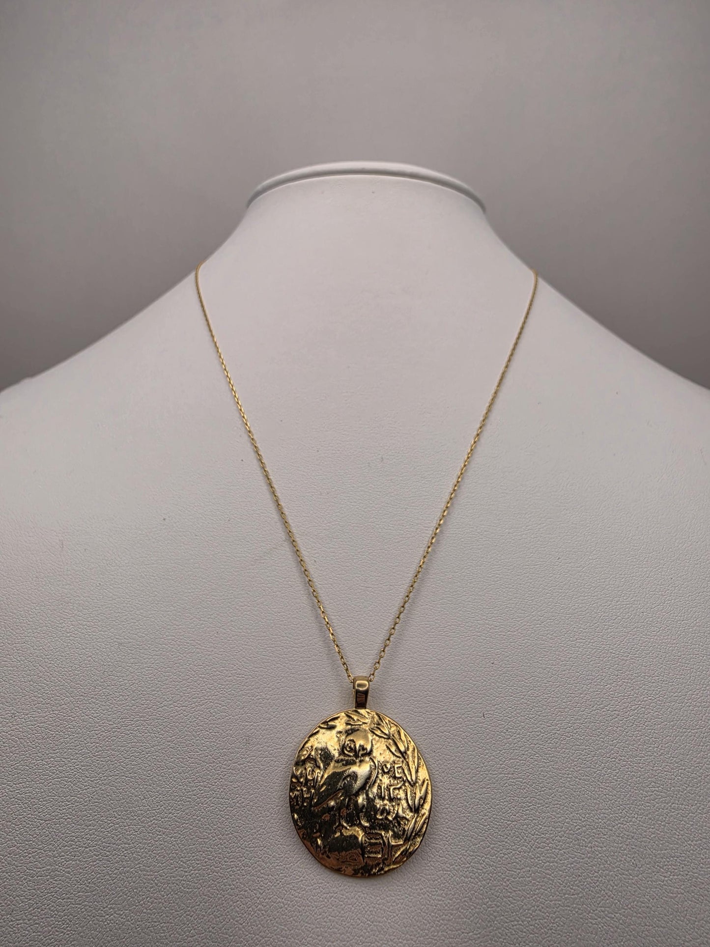 Gold Plated Sterling Silver Greek Coin Pendant Necklace | 925 Silver | 17 Inch | Athena Owl Coin