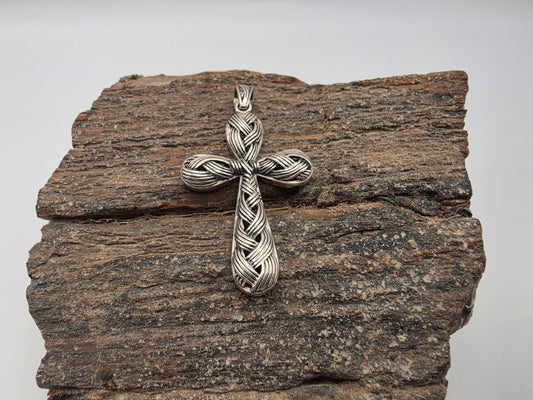 Sterling Silver Braided Woven Cross Pendant | 925 Silver | 36.8mm | Rope Texture Cross Charm